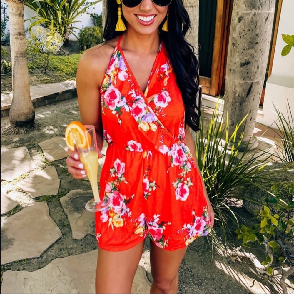 Orange Floral Halter Romper